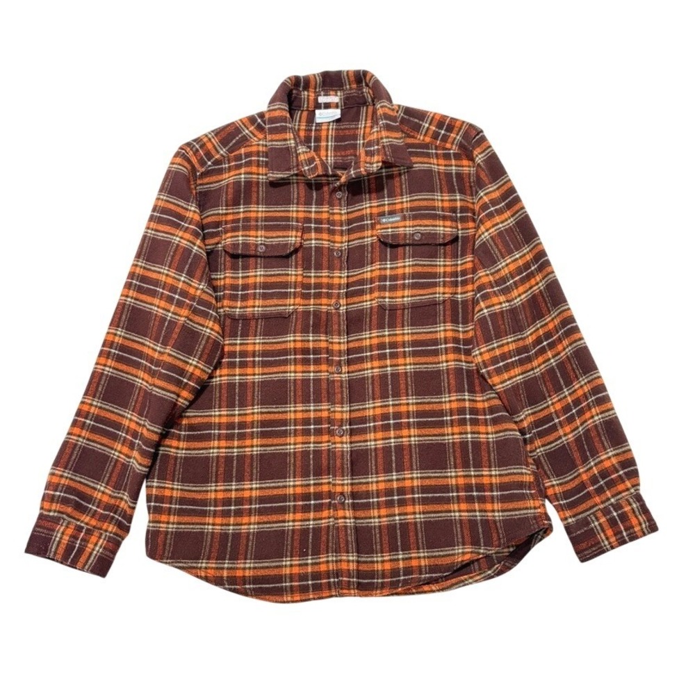 Columbia Mens Large Brown‎ Orange Plaid Flannel Shirt Regular Fit Long Sleeve BM